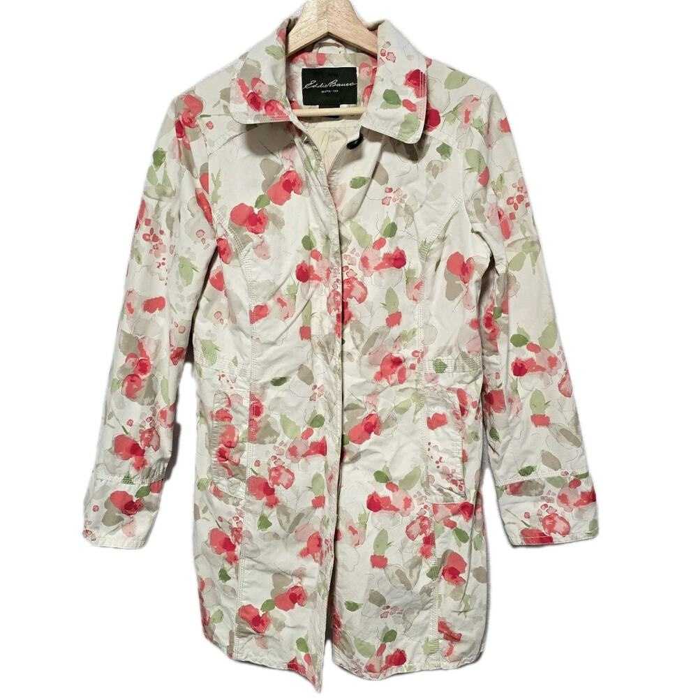 Eddie Bauer Trench Coat Womens Small White Pink Floral Lined Rain Jacket Outdoor